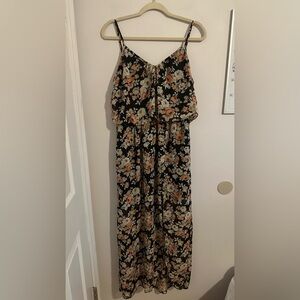 Floral Mesh Maxi Dress | Size L | Slit Overlay Summer